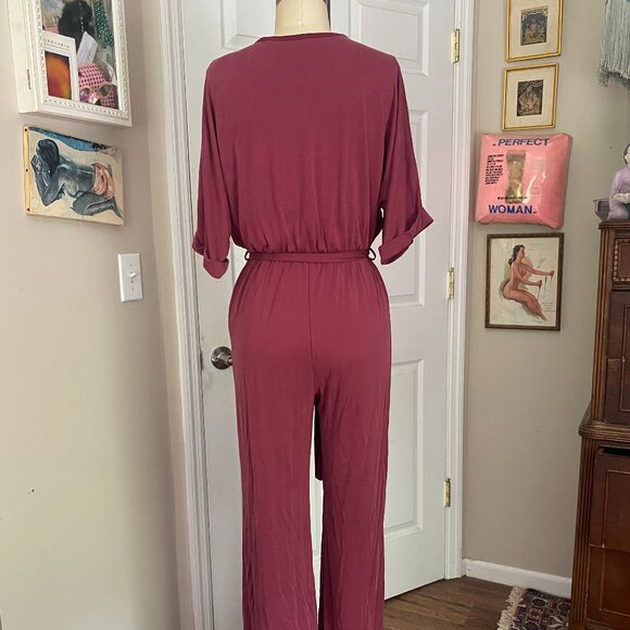emory park MAUVE stretchy Low Plunge V neck Smocked Belted Romper Jumpsuit *SML* - Picture 4 of 6